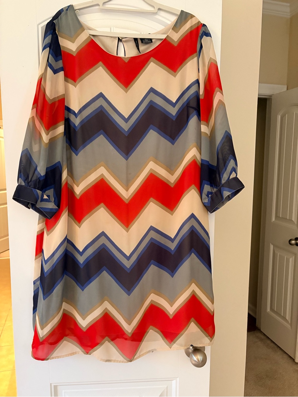 new directions Chevron-Print Sheer knee length dress in Red, Navy, Cream